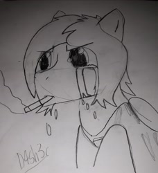 Size: 3072x3372 | Tagged: safe, artist:d4sh3r, derpibooru import, oc, oc:delta vee, crying, male, sad, saturn vee, smoking, solo, traditional art