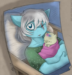 Size: 959x1000 | Tagged: safe, artist:kaemantis, derpibooru import, bon bon, photo finish, sweetie drops, anthro, baby, baby pony, duo, eye scar, eyes closed, female, mother and child, mother and daughter, newborn, parent and child, photo, scar, story included, younger