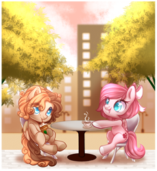 Size: 800x875 | Tagged: safe, artist:cabbage-arts, derpibooru import, oc, cafe, chair, cup, duo, table, tree