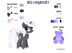 Size: 3000x2200 | Tagged: safe, artist:sugarstraw, derpibooru exclusive, derpibooru import, oc, oc only, oc:silvernight, pony, unicorn, bow, choker, crown, cutie mark, female, hooves, horn, jewelry, lineless, looking back, mare, purple eyes, reference sheet, regalia, simple background, solo, tail bow, teddy bear, text, transparent background