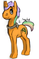 Size: 472x702 | Tagged: safe, artist:tempusfidgets, derpibooru import, oc, oc:sneaky snake, pony, snake, unicorn, male, pet, simple background, solo