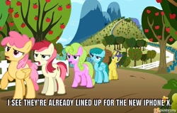 Size: 1200x763 | Tagged: safe, derpibooru import, edit, edited screencap, editor:piousbrony, screencap, comet tail, daisy, dizzy twister, flower wishes, orange swirl, roseluck, spring melody, sprinkle medley, the super speedy cider squeezy 6000, apple tree, fence, iphone x, sweet apple acres, tree