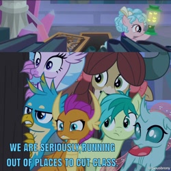 Size: 1200x1200 | Tagged: safe, derpibooru import, edit, edited screencap, editor:piousbrony, screencap, cozy glow, gallus, ocellus, sandbar, silverstream, smolder, yona, pegasus, pony, school raze, female, filly, hogwarts, marauders map, student six