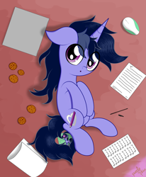 Size: 3297x4000 | Tagged: safe, artist:kimjoman, derpibooru import, oc, oc only, oc:purple flix, pony, unicorn, computer, computer mouse, cookie, cute, food, laptop computer, looking at you, lying, male, paper, solo, text, wew