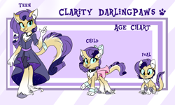 Size: 1280x768 | Tagged: safe, artist:sapphirescarletta, derpibooru import, oc, oc only, oc:clarity darlingpaws, anthro, cat pony, hybrid, original species, unguligrade anthro, anthro oc, anthro with ponies, bow, cheek fluff, chest fluff, child, clothes, coat, cute, ear fluff, female, filly, foal, growth chart, hair bow, interspecies offspring, jewelry, leg fluff, mouse toy, necklace, offspring, open mouth, parent:capper dapperpaws, parent:rarity, parents:capperity, solo, tail bow, teenager, unshorn fetlocks