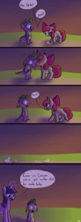 Size: 600x1627 | Tagged: safe, artist:tigs, derpibooru import, apple bloom, spike, twilight sparkle, dragon, pony, blushing, comic, female, filly, kiss on the cheek, kissing, male, mare, shipping, spikebloom, straight, wide eyes