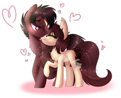 Size: 2795x2283 | Tagged: safe, artist:paperbunii, derpibooru import, oc, oc only, oc:cinnamon fawn, oc:sovereign ashes, pegasus, pony, unicorn, black hair, blushing, brown eyes, brown hair, butt fluff, chest fluff, colored eyelashes, couple, eyes closed, fanart, female, freckles, glasses, happy, heart, licking, lidded eyes, male, mare, nuzzling, obtrusive watermark, simple background, smiling, spots, stallion, tongue out, transparent background, watermark