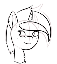 Size: 482x542 | Tagged: safe, artist:vbronny, derpibooru import, oc, oc only, pony, unicorn, black and white, bust, ear piercing, female, grayscale, horn, mare, monochrome, piercing, portrait, simple background, sketch, smiling, solo, white background