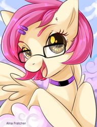 Size: 2002x2641 | Tagged: safe, artist:alna fratcher, derpibooru import, oc, oc only, pegasus, pony, choker, cute, female, glasses, looking at you, mare, open mouth, solo, ych result