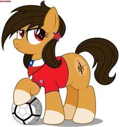 Size: 5185x5500 | Tagged: safe, artist:an-tonio, derpibooru import, oc, oc:chilenia, pony, absurd resolution, ball, chile, clothes, football, nation ponies, ponified, shirt, simple background, solo, sports, transparent background