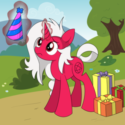 Size: 2048x2048 | Tagged: safe, artist:reconprobe, derpibooru import, oc, oc:zyklon, pony, unicorn, 4chan, birthday, hat, party hat, present, solo, tree