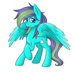 Size: 1019x1024 | Tagged: safe, derpibooru import, oc, oc only, oc:rainbowsine finn, pegasus, pony, female, looking at you, raised hoof, simple background, smiling, spread wings, standing, white background, wings