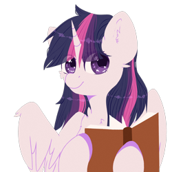 Size: 2000x2000 | Tagged: safe, artist:etoz, derpibooru import, twilight sparkle, twilight sparkle (alicorn), alicorn, pony, book, cute, female, horn, looking at you, mare, simple background, smiling, solo, transparent background, wings