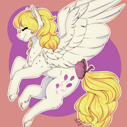 Size: 2500x2500 | Tagged: safe, artist:bluestarbubbles, artist:dreamcatcher-doodles, derpibooru import, surprise, pegasus, pony, g1, abstract background, bow, cutie mark, eyes closed, female, g1 to g4, generation leap, high res, mare, smiling, solo, spread wings, tail bow, wings