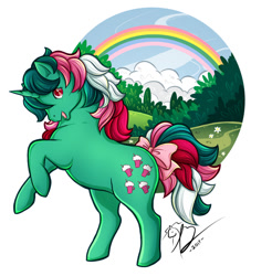 Size: 700x710 | Tagged: safe, artist:rapidashtrainer, derpibooru import, fizzy, pony, unicorn, g1, bow, rainbow, rearing, tail bow