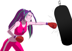 Size: 4093x2894 | Tagged: safe, artist:amazingpuffhair, derpibooru import, aria blaze, equestria girls, absurd resolution, armpits, boxing gloves, clothes, commission, female, midriff, pants, punching bag, simple background, solo, sports, sweat, white background, workout