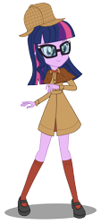 Size: 2030x4487 | Tagged: safe, artist:invisibleink, derpibooru import, sci-twi, twilight sparkle, equestria girls, 19th century, bowtie, clothes, cute, deerstalker, detective, feminism, glasses, hat, inverness coat, sherlock holmes, shoes, short hair, simple background, smiling, socks, solo, transparent background, twiabetes, vector, victorian