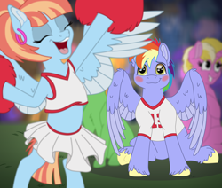 Size: 10296x8750 | Tagged: safe, artist:faitheverlasting, derpibooru import, bow hothoof, windy whistles, pony, absurd resolution, background pony, blushing, cheerleader, cheerleader outfit, clothes, cute, female, high school, jersey, male, midriff, pep rally, shipping, straight, windyhoof, younger