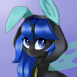 Size: 1000x1000 | Tagged: safe, artist:rosefluffdraws, derpibooru import, oc, oc only, oc:blue visions, changeling, blue changeling, bunny ears, bust, changeling oc, clothes, commission, costume, cute, dangerous mission outfit, female, heart eyes, hoodie, insect wings, looking at you, portrait, simple background, smiling, solo, transparent wings, wingding eyes