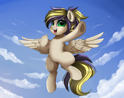 Size: 3030x2400 | Tagged: safe, artist:pridark, derpibooru import, oc, oc only, oc:clear sky, pegasus, pony, cloud, commission, cute, female, flying, green eyes, open mouth, sky, solo, underhoof