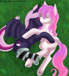 Size: 1280x1406 | Tagged: safe, artist:deliciousclickbait, derpibooru import, oc, oc only, oc:lilac mist, oc:luscious desire, bat pony, pony, bat pony oc, clothes, commission, cuddling, cute, socks, striped socks