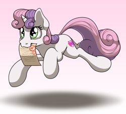 Size: 2000x1800 | Tagged: safe, artist:ohemo, derpibooru import, sweetie belle, pony, unicorn, a+, atg 2018, cutie mark, female, filly, grades, gradient background, leaping, mouth hold, newbie artist training grounds, paper, report card, solo, the cmc's cutie marks, trotting