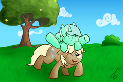 Size: 1280x853 | Tagged: safe, artist:ask-shadowblaze, derpibooru import, lyra heartstrings, mjölna, earth pony, pony, ask sandy pony, female, filly, filly lyra, mane bite, mare, nom, tree, younger