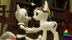 Size: 1700x956 | Tagged: safe, artist:johnnyxluna, derpibooru import, oc, oc only, oc:dr. wolf, oc:lightning bliss, anthro, pony, 3d, bookshelf, chair, holding hooves, male, sitting, smiling, source filmmaker, support