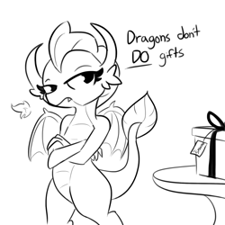 Size: 1280x1280 | Tagged: safe, artist:tjpones, derpibooru import, smolder, dragon, dragoness, fangs, female, fire, grayscale, monochrome, present, smoldere, solo, table, tsundere