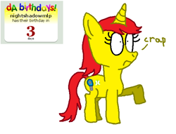 Size: 586x448 | Tagged: safe, artist:nightshadowmlp, derpibooru import, oc, oc only, oc:game point, pony, 3, birthday, da birthdays, semi-vulgar