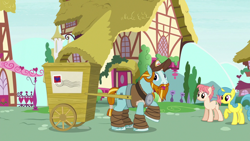 Size: 1280x720 | Tagged: safe, derpibooru import, screencap, lemon hearts, raspberry vinaigrette, rockhoof, earth pony, pony, unicorn, a rockhoof and a hard place, beard, braid, cart, clothes, facial hair, female, hat, hoof wraps, mailmare hat, male, mare, moustache, ponyville, raised hoof, stallion