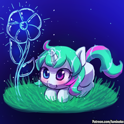 Size: 750x750 | Tagged: safe, artist:lumineko, derpibooru import, oc, oc only, oc:ice thorn, pony, unicorn, :t, blue background, blushing, crouching, cute, female, filly, flower, glowing horn, gradient background, grass, heterochromia, ice, ice flower, ice magic, magic, multicolored eyes, multicolored hair, ocbetes, prone, simple background, smiling, solo, sparkles