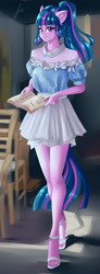 Size: 992x2700 | Tagged: safe, artist:xjenn9, derpibooru import, twilight sparkle, anthro, plantigrade anthro, ambiguous facial structure, beautiful, book, clothes, female, high heels, legs, looking at you, ponytail, sandals, shoes, skirt, smiling