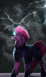 Size: 4232x7000 | Tagged: safe, artist:ssarca-sm, derpibooru import, tempest shadow, pony, unicorn, absurd resolution, armor, badass, broken horn, fangs, female, lightning, mare, open mouth, solo, sparking horn, storm, teeth