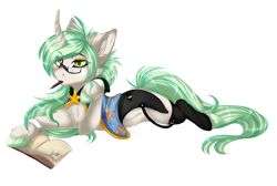 Size: 1300x874 | Tagged: safe, artist:requiem♥, derpibooru import, oc, oc only, oc:requiem, pony, unicorn, book, cheek fluff, chest fluff, clothes, ear fluff, fluffy, glasses, green eyes, hooves, long mane, long tail, pencil, simple background, stars, transparent background, white fur