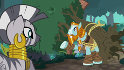 Size: 1280x720 | Tagged: safe, derpibooru import, screencap, rockhoof, zecora, a rockhoof and a hard place, tree