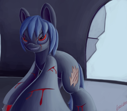 Size: 3000x2623 | Tagged: safe, artist:theunconsistentone, derpibooru import, oc, earth pony, pony, bleeding, blood, broken glass, cut, evil grin, grin, revenge, scar, smiling