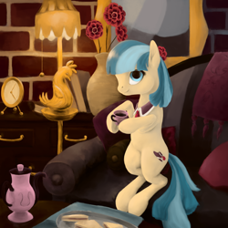 Size: 1000x1000 | Tagged: safe, artist:phiktorial, derpibooru import, coco pommel, earth pony, pony, cutie mark, female, food, indoors, looking at you, mare, sitting, smiling, sofa, solo, tea