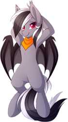 Size: 2058x3678 | Tagged: safe, artist:scarlet-spectrum, derpibooru exclusive, derpibooru import, oc, oc only, oc:stormdancer, bat pony, pony, 2019 community collab, arm behind head, bandana, bat pony oc, derpibooru community collaboration, high res, looking at you, male, neckerchief, on back, simple background, smiling, solo, stallion, transparent background