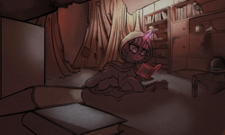 Size: 2500x1500 | Tagged: safe, artist:yoditax, derpibooru import, oc, oc:dusty nebula, pony, unicorn, fallout equestria, game: fallout equestria: remains, book, bookshelf, bowl, coffee table, drapes, egg, female, flask, hooves, horn, jar, lectern, lying down, mare, orb, reading, solo