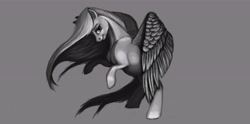 Size: 6600x3263 | Tagged: safe, artist:splatterpaint-donkey, derpibooru import, pegasus, pony, female, gray background, grayscale, looking at you, mare, monochrome, rearing, simple background, smiling, solo, spread wings, windswept mane, wings