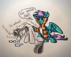 Size: 1275x1013 | Tagged: safe, artist:smirk, derpibooru import, oc, oc only, pegasus, pony, unicorn, clothes, comfort, crying, dialogue, glasses, hoodie, traditional art