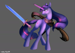 Size: 2000x1428 | Tagged: safe, artist:backlash91, derpibooru import, twilight sparkle, unicorn twilight, pony, unicorn, clothes, cutie mark, eye scar, female, glowing horn, magic, mare, scar, scarf, signature, solo, sword, telekinesis, warrior twilight sparkle, weapon