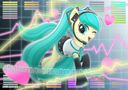 Size: 2088x1476 | Tagged: safe, artist:liu ting, derpibooru import, pony, clothes, crossover, female, hatsune miku, headset, mare, one eye closed, ponified, smiling, solo, vocaloid, wink