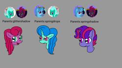 Size: 1920x1080 | Tagged: safe, artist:徐詩珮, derpibooru import, glitter drops, spring rain, tempest shadow, oc, oc:betty pop, oc:spring legrt, pony, unicorn, female, glittershadow, gray background, magical lesbian spawn, mare, offspring, parent:glitter drops, parent:spring rain, parent:tempest shadow, parents:glittershadow, parents:springdrops, parents:springshadow, shipping, simple background, springdrops, springshadow