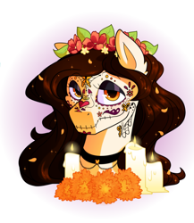 Size: 1130x1300 | Tagged: safe, artist:yokokinawa, derpibooru import, oc, oc only, oc:monarch dream, bust, candle, choker, dia de los muertos, female, flower, flower in hair, makeup, mare