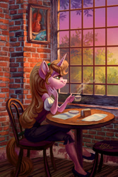 Size: 1181x1771 | Tagged: safe, artist:holivi, derpibooru import, oc, oc only, anthro, unicorn, anthro oc, chair, clothes, coffee, coffee cup, commission, cup, drink, female, indoors, looking out the window, pants, shirt, shoes, signature, sitting, smiling, solo, table, tree, window