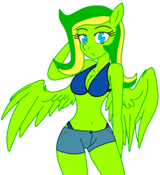 Size: 844x927 | Tagged: safe, artist:didgereethebrony, derpibooru import, oc, oc only, oc:boomerang beauty, anthro, anatomically incorrect, bikini, bikini top, blue eyes, clothes, looking at you, shorts, simple background, solo, swimsuit, trace, transparent background