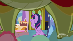 Size: 1920x1080 | Tagged: safe, derpibooru import, screencap, sludge (g4), twilight sparkle, twilight sparkle (alicorn), alicorn, dragon, pony, father knows beast, cake, covering eyes, food, framed by legs, out of context, you know for kids