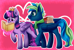 Size: 2721x1864 | Tagged: safe, artist:scarlett-letter, derpibooru import, twilight sparkle, twilight sparkle (alicorn), oc, alicorn, pegasus, pony, book, commission, female, male, mare, reading, stallion